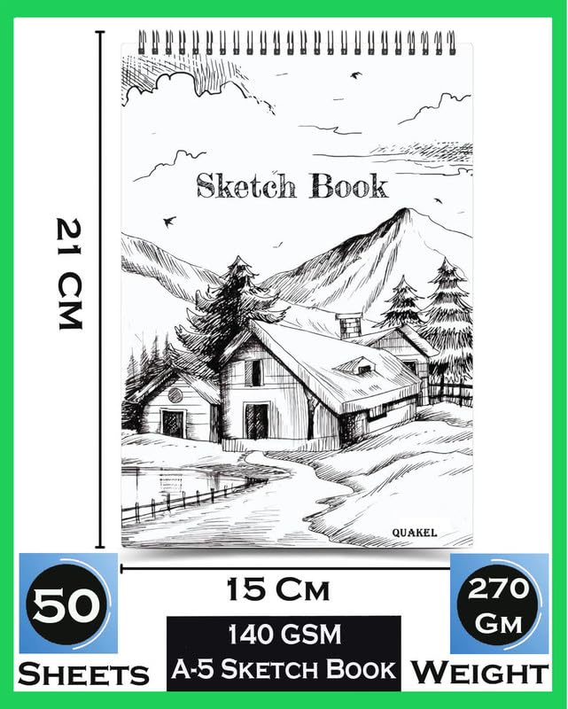 QUAKEL (AK-2) A5 Sketchbook | 50 Sheet | 140GSM | Durable Acid Free Drawing Paper |Top Spiral-Bound Sketchpad for Artists Kids & Professionals for Marker Colored Pencil Charcoal 5