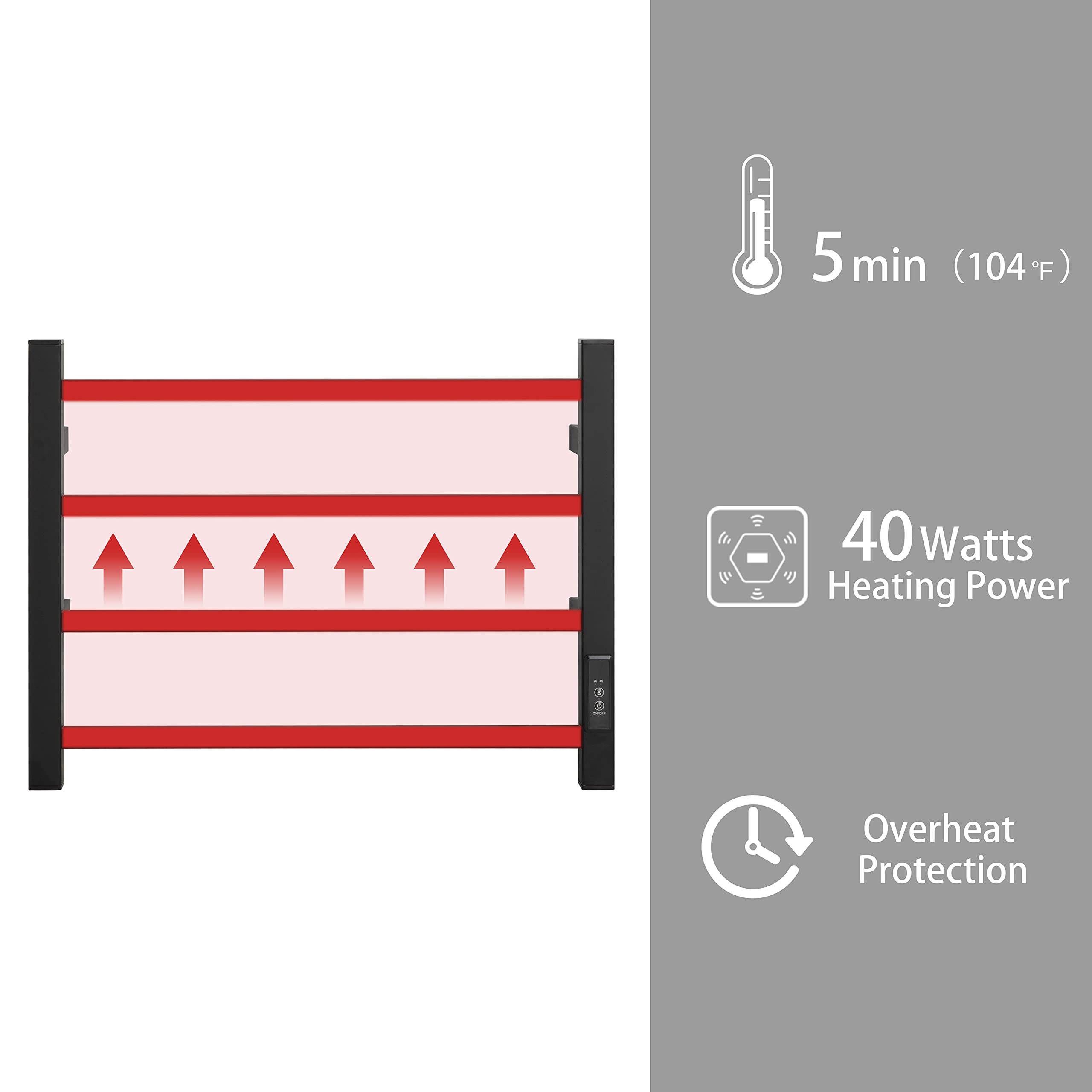 KEG Towel Warmer 4 Bars for Bathroom Wall Mounted Bath Towel Heater Hardwired and Plug-in with Built-in Timer Matte Black 3