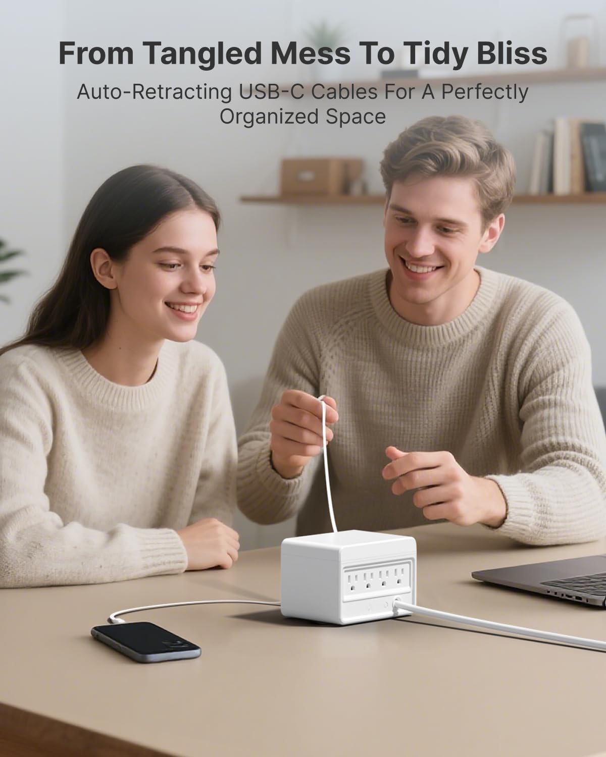 Gitryin 1 Lightning, 3 Type-C Retractable Wall Chargers with 1 USB A Port and 1 Power Strip, 12-in-1 Desktop Charging Station 5