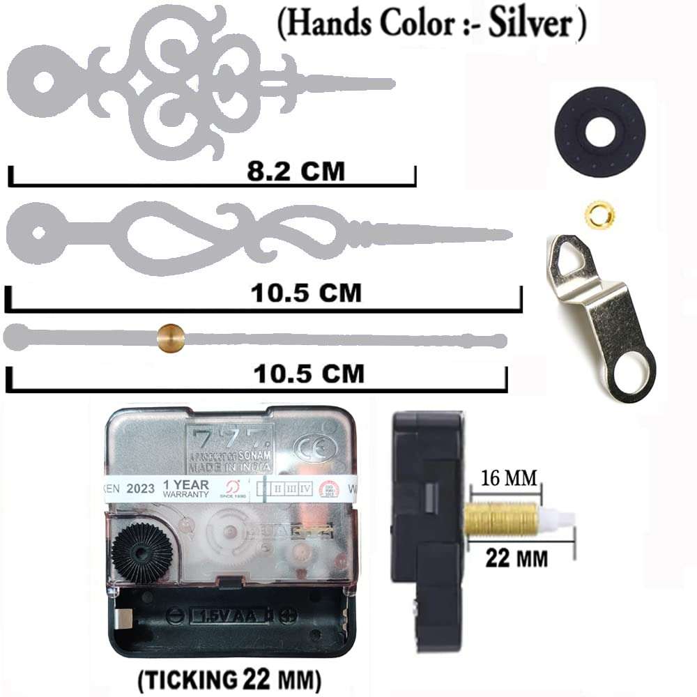 HAATIEME Sonam 22mm Ticking Wall Clock Movement Machine for Wood Clock, Resin Clock, Marble Clock with Fancy Needles (Silver 2) 3