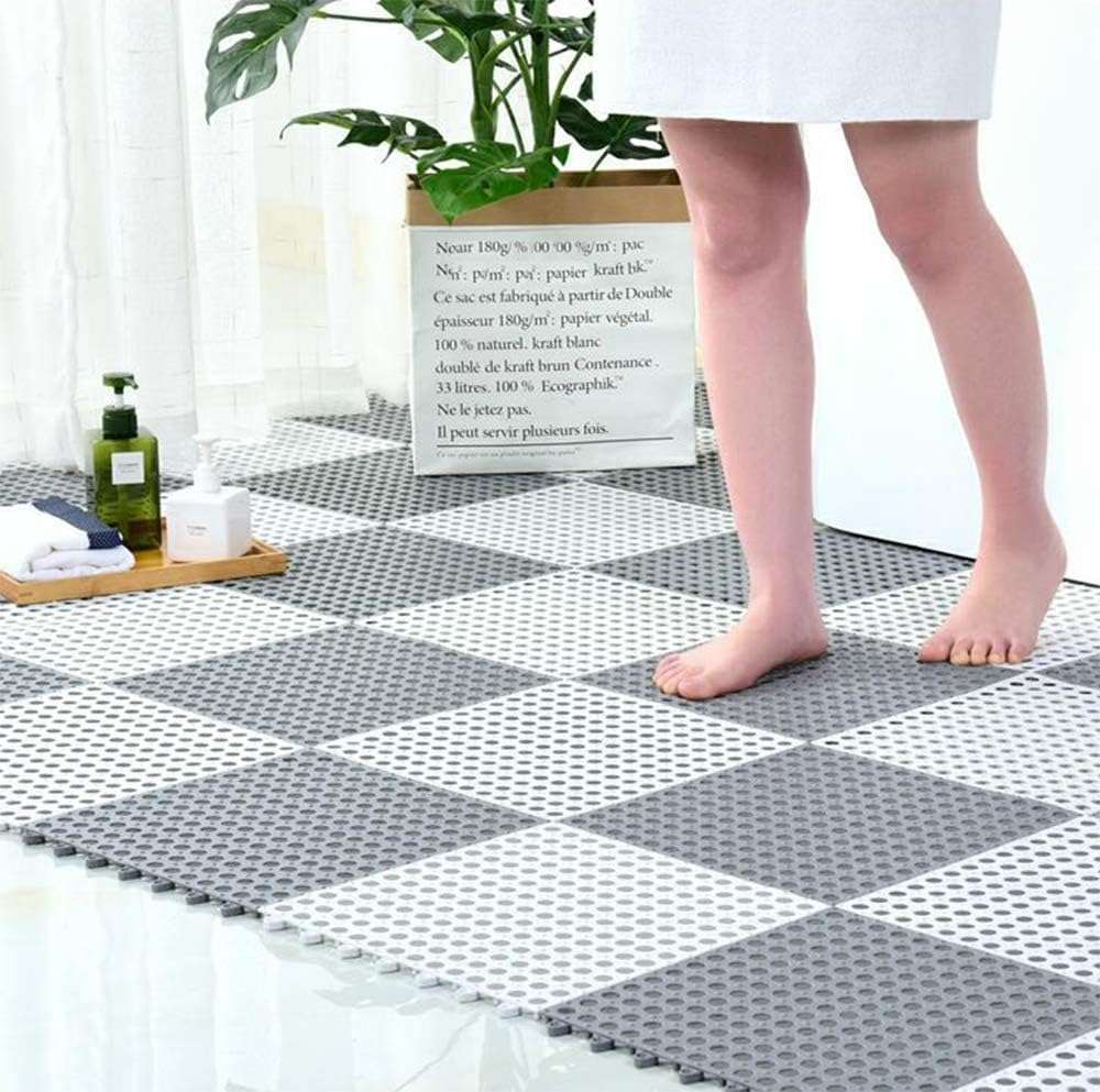 REDMART Interlocking Non-Slip Bathroom Floor Tiles with Drain Holes - Soft PVC Massage Bath Mats for Shower, Pool Deck, Patio & Garage - DIY Splicing Cushion Mat (Grey/White, Pack of [6]) 6