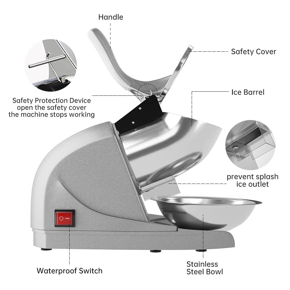 Electric Ice Crusher Machine | Ice Gola Maker | Dish Gola Machine Home | Ice Shaver Prevent Splash Electric 3 Blades Snow Cone Maker Stainless Steel Shaved Ice Machine 300W 220lbs/hr (Stainless Steel) 3