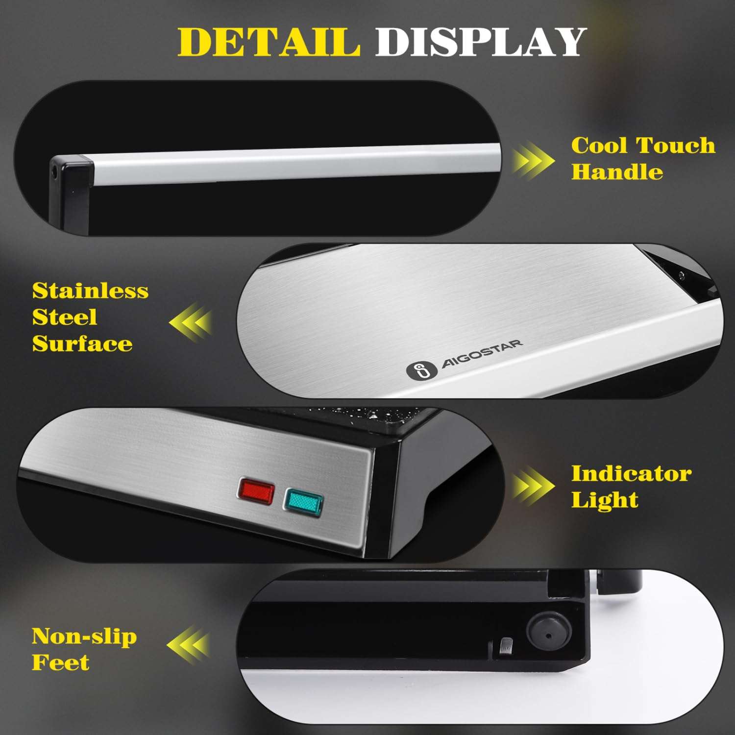 Aigostar Panini Press, 1200W Sandwich Maker and Electric Indoor Grill with Ceramic Non-Stick Coated Plates, Opens 180°to Fit Any Size of Food, Stainless Steel Surface & Removable Drip Tray, Silver 6