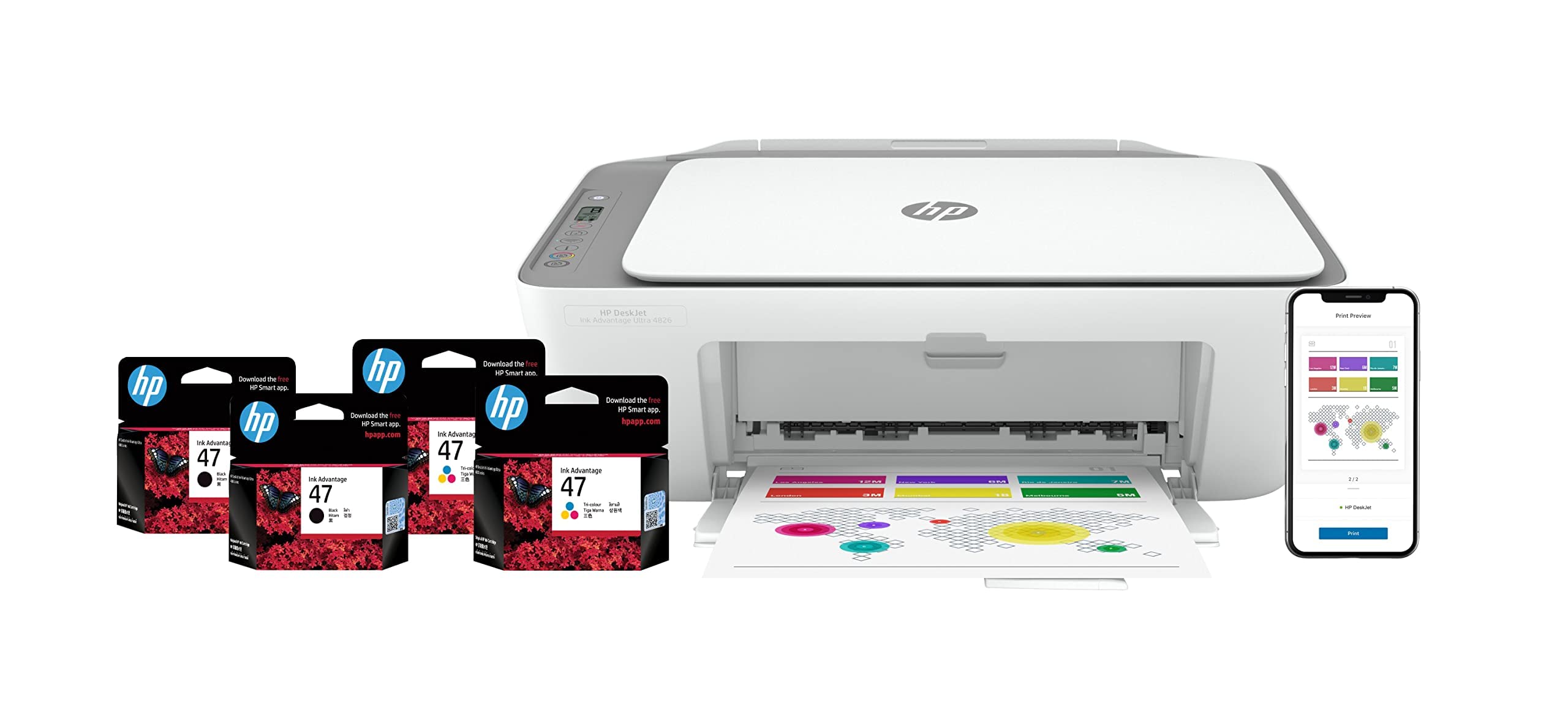 HP Ink Advantage Ultra 4826 Print, Copy, Scan, Self Reset Dual Band WiFi, 2 Sets of Inbox Cartridges, Smart App Setup. Print per Page (44p for B/W and 81p for Colour), Ideal for Home 1