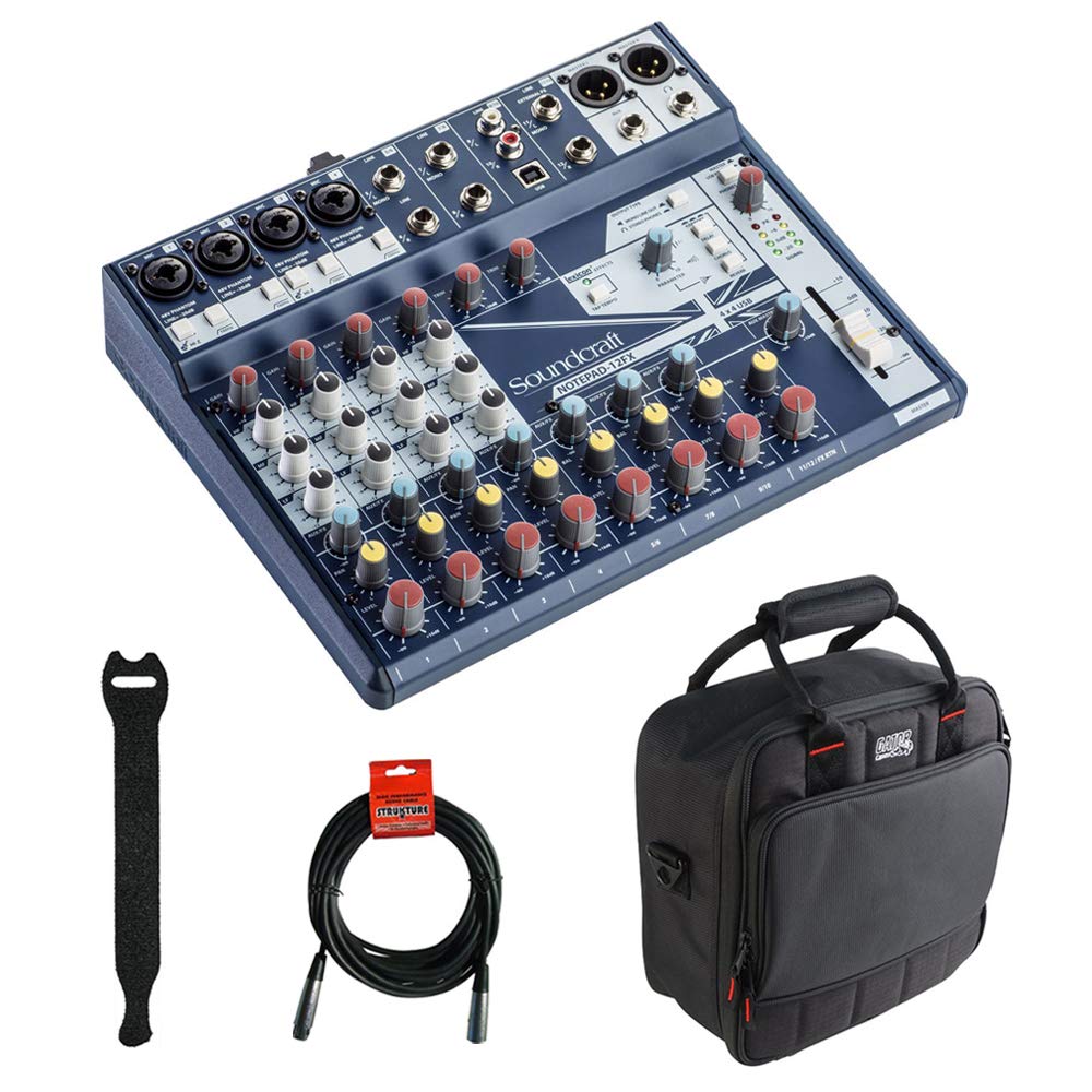 Soundcraft Notepad-12FX Small-Format Analog Mixing Console with Gator Cases 2519 Mixer Bag, Fastener Straps (10-Pack) & XLR Cable Bundle 1