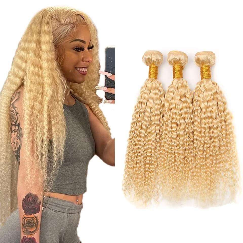 Blonde Bundles 613 Curly Human Hair Bundles 28 28 28 Inch 8A Grade Brazilian 613 Bundles Human Hair Unprocessed Virgin Hair 3 Bundles Blonde Kinky Curly Bundles Remy Hair Extensions 1
