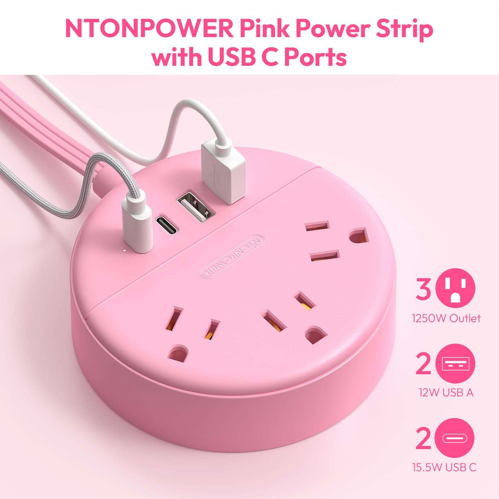 NTONPOWER Flat Extension Cord 25ft, 1080J Surge Protector, 13A / 1625W Overload Protection, Ultra Thin Flat Plug Extension Cord, 6 Outlets 2 USB-A & USB-C + NTONPOWER Pink Extension Cord 10 ft 6
