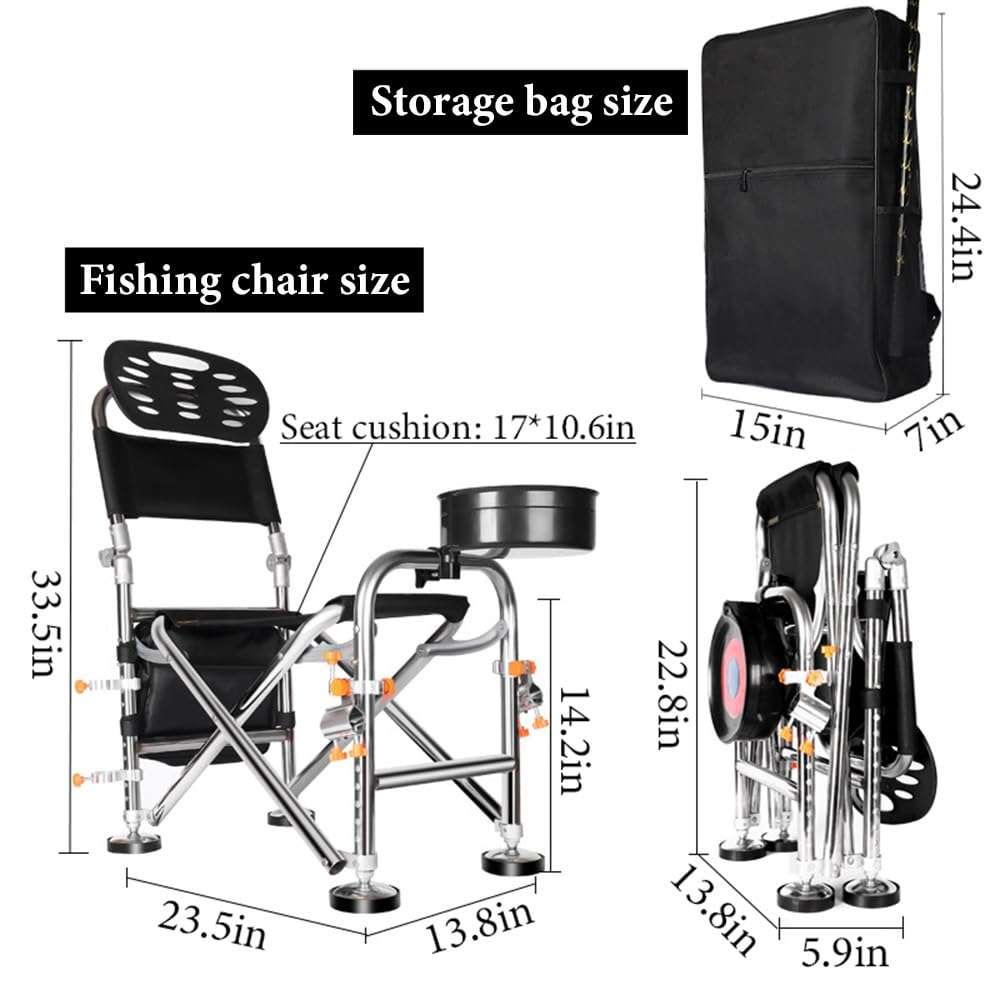 GLGGXBF Fishing Chair with Rod Holder, Folding Ice Fishing Chair, Multi-Functional Stainless Steel Fishing Stool, Height Retractable 10.5 Inch, Backrest Adjustable 180°, with Portable Storage Bag 4
