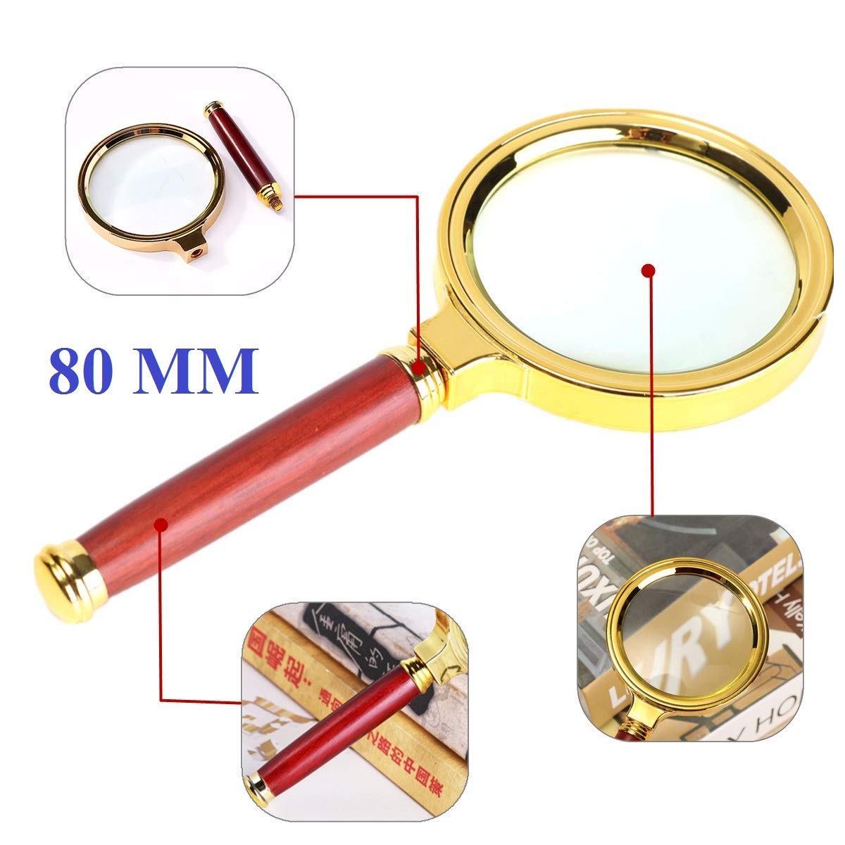 ZEBROC Double Glass 3X High Power Antique Handheld Magnifier Magnifying Glass for Reading, Soldering, jewelries, maps, Great for Gifting (3X, 80MM, Gold + Red) 4
