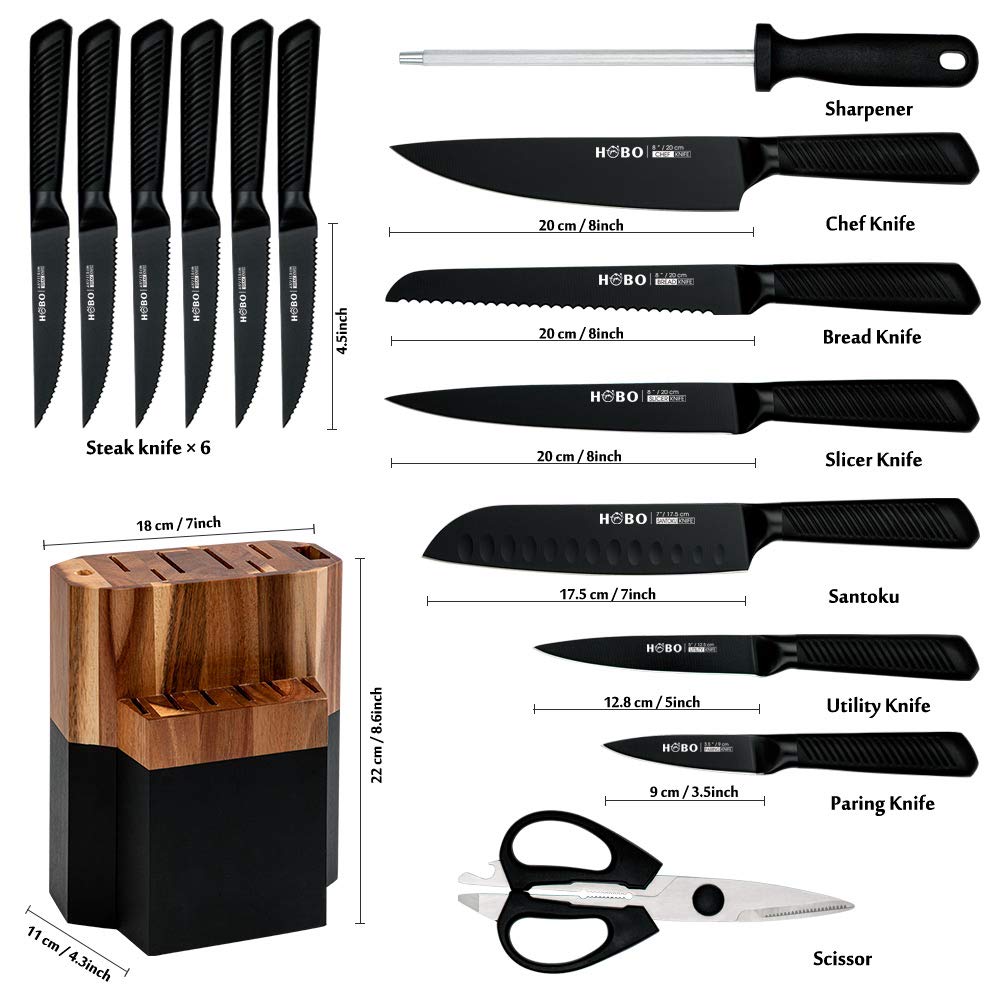 Knife Set, 14 Piece Kitchen Knife Set with Block, Chef Knife set with Sharpener, Serrated Steak Knives, High Carbon Stainless Steel Knife Sets Bread Knife Cooking Knives Sets (Senior Silver) 2
