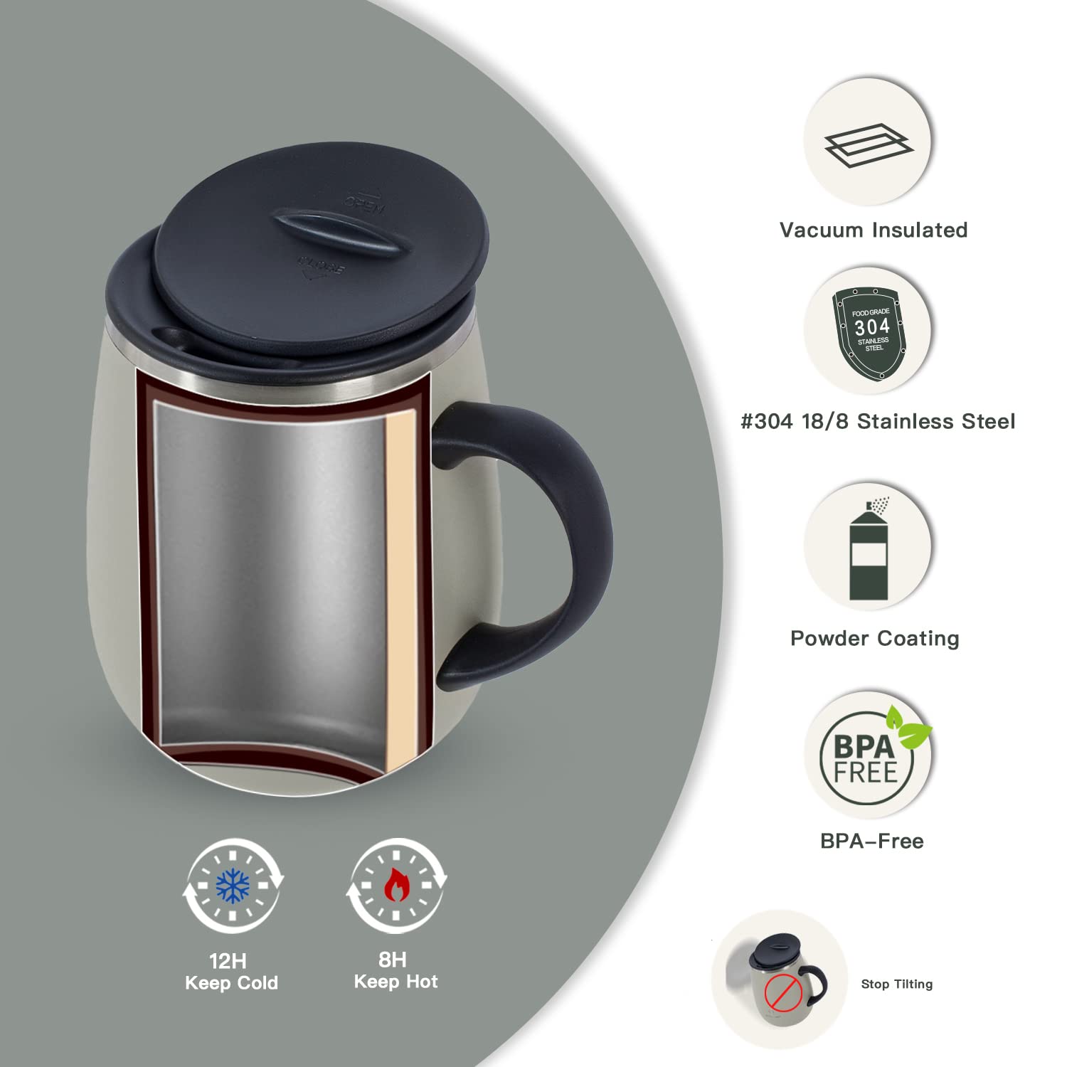 Ideus 16 oz (470 ml) Insulated Coffee Mug with Handle and Lid, Double Wall Stainless Steel Vacuum Thermal Coffee Mug, Travel Coffee Cup Thermal Cup for Home and Office (Mars Celadon) 2