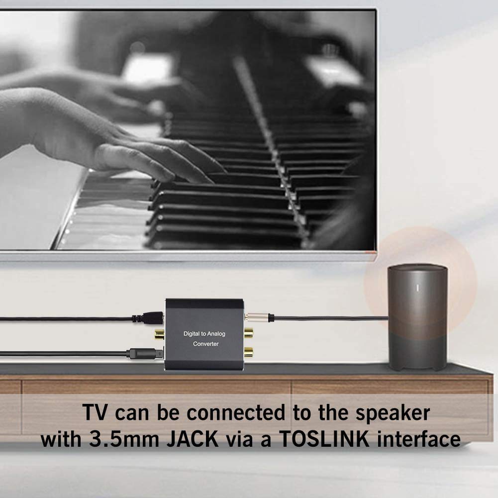 Microware Digital to Analog Audio Converter, 192Khz DAC Audio Aluminum Digital Coaxial Toslink Spdif Optical to R/L and 3.5mm Jack Audio DAC Converter Adapter with Fiber Cable 6