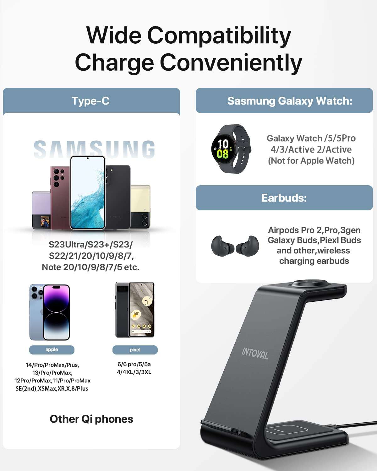 Intoval Wireless Charger,Wireless Charging Station for Samsung Galaxy Phone/Watch/Buds,fit for Galaxy S25/S24/S23/S22,Note20/10/Z Fold/FLI,Watch 8/7/6/5/4/Active 2/1, Buds3/2/Pro/Live(S3,Black) 5