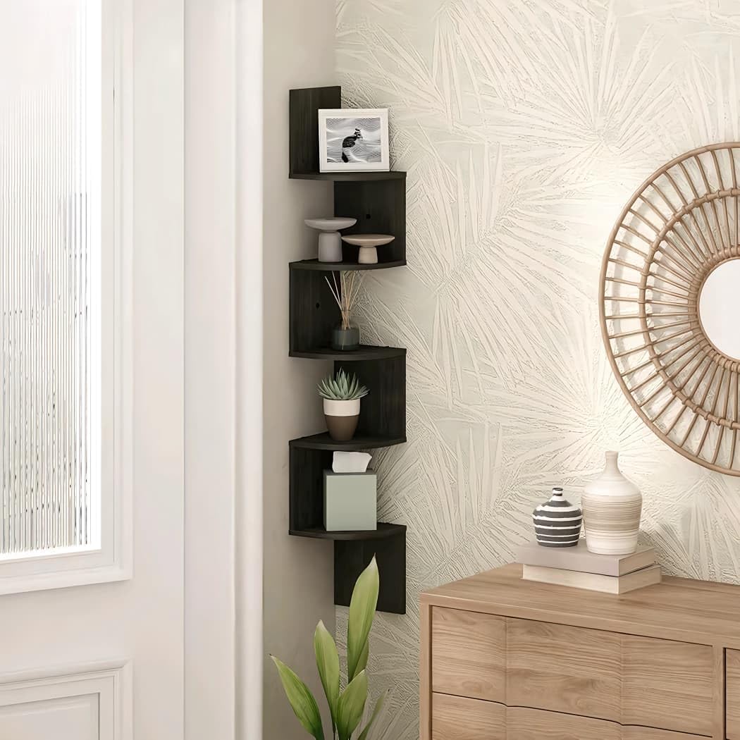 OXMIC Corner Wall Mount Display Shelf, Corner Shelf for Living Room Decor, 5-Tier Floating Design, 17x17x108 cm, Decorative Storage for Home Office 4