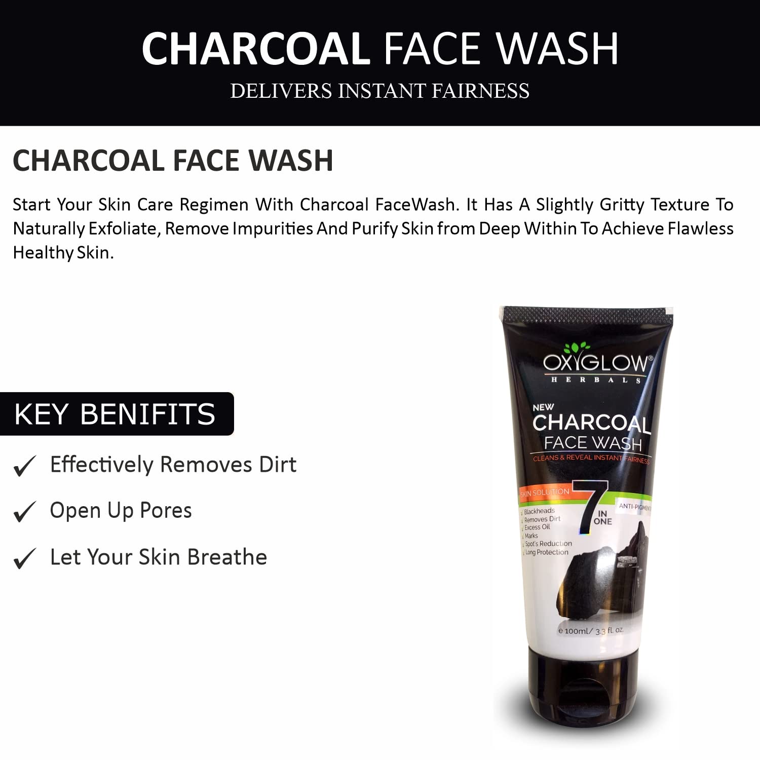 OxyGlow Herbals Activated Charcoal Face Wash|Deep Exofilation| Removes Blackheads & Whiteheads| Pore Cleansing Face wash 100Gram(Pack of 3) 3