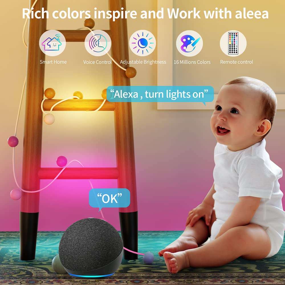 JUNQOKW 65.6ft Smart LED Strip Lights for Bedroom Music Sync LED Light Strips Work with Alexa,5050 RGB Color Changing LED Kit Lights with 44 Keys IR Remote Control,Home and Kitchen Decorations 4