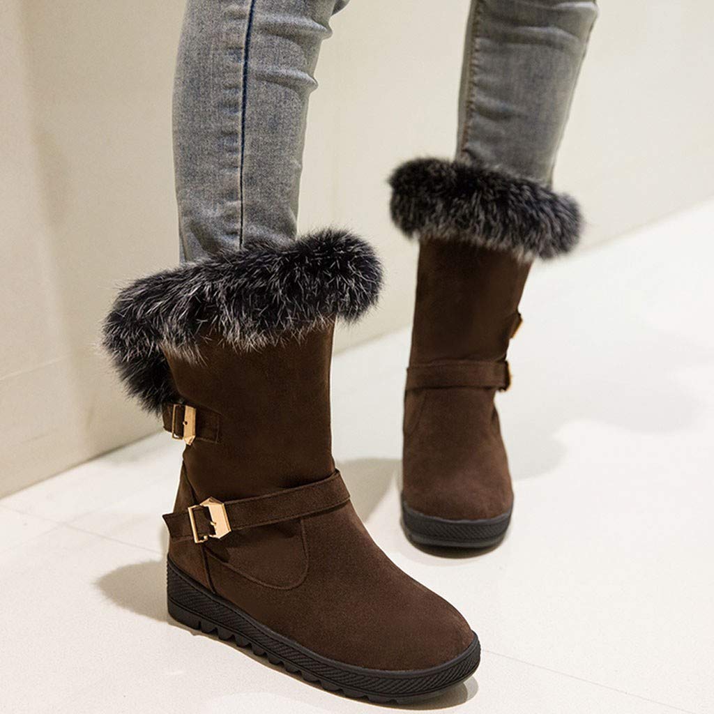 Women's Snow Boots,WUAI Winter Shoes Warm Fur Lining Waterproof Mid Calf Lightweight Snow Booties(Brown,US 8/CN 39) 2