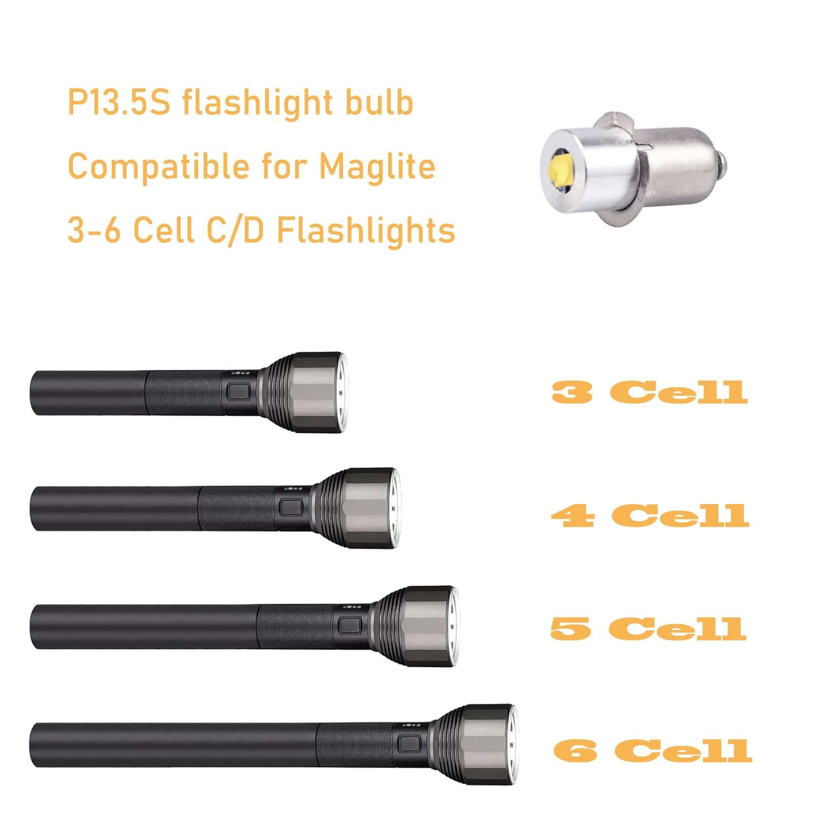 P13.5S LED Flashlight Bulb 3W DC 3-12V LED Conversion Kit for Compatible with Maglite 3-6 Cell C/D Flashlights Torch, 4 Pack 4