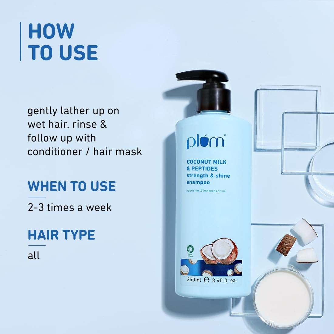 Plum Coconut Shampoo for Dull Hair with Coconut Milk and Peptides for Strong & Shiny Hair I 22x shine I Soft, silky hair I Shampoo for Women and Men | SLS sulphate and paraben free shampoo I 250ml (Pack of 2) 3