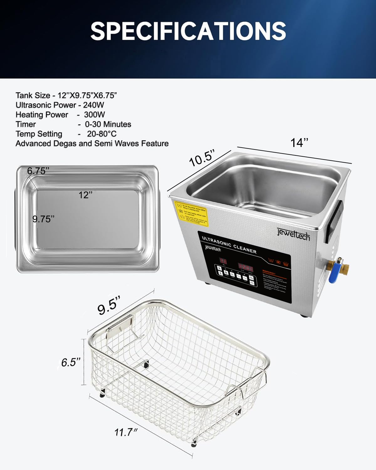 JEWELTECH Digital Pro+ Ultrasonic Cleaner Machine, 2L Capacity, Professional Grade, 42000kHz, Digital Timer and Heater, for Jewelry, Dental Tools, Optical Instruments, Lab Equipment (10L) 5