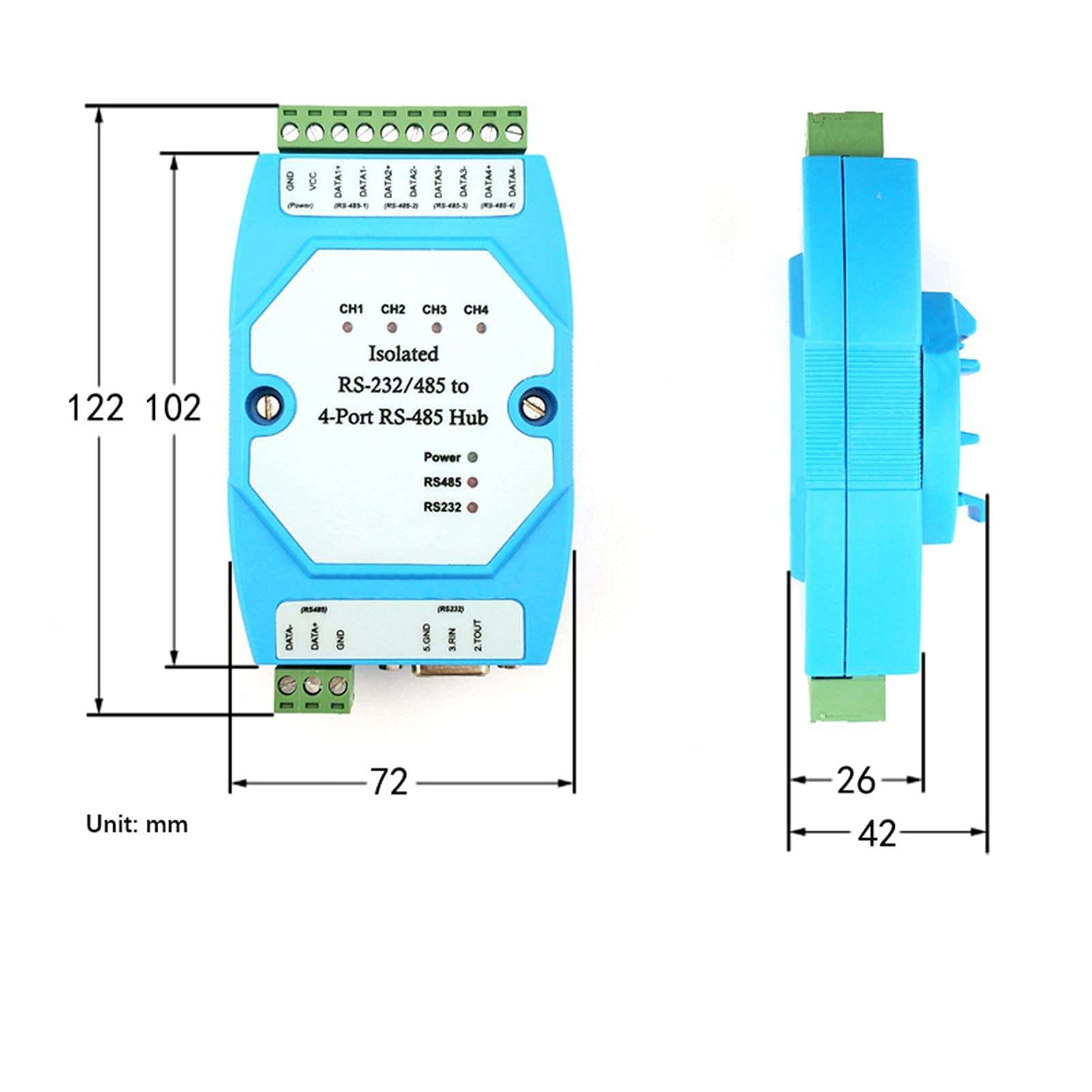 DADAKEWIN 4- Channel Isolated RS485 Hub Optical Isolation RS485 Repeater Splitter with RS232 Input 600W Anti-Strike Protection (Size : RS485) 4