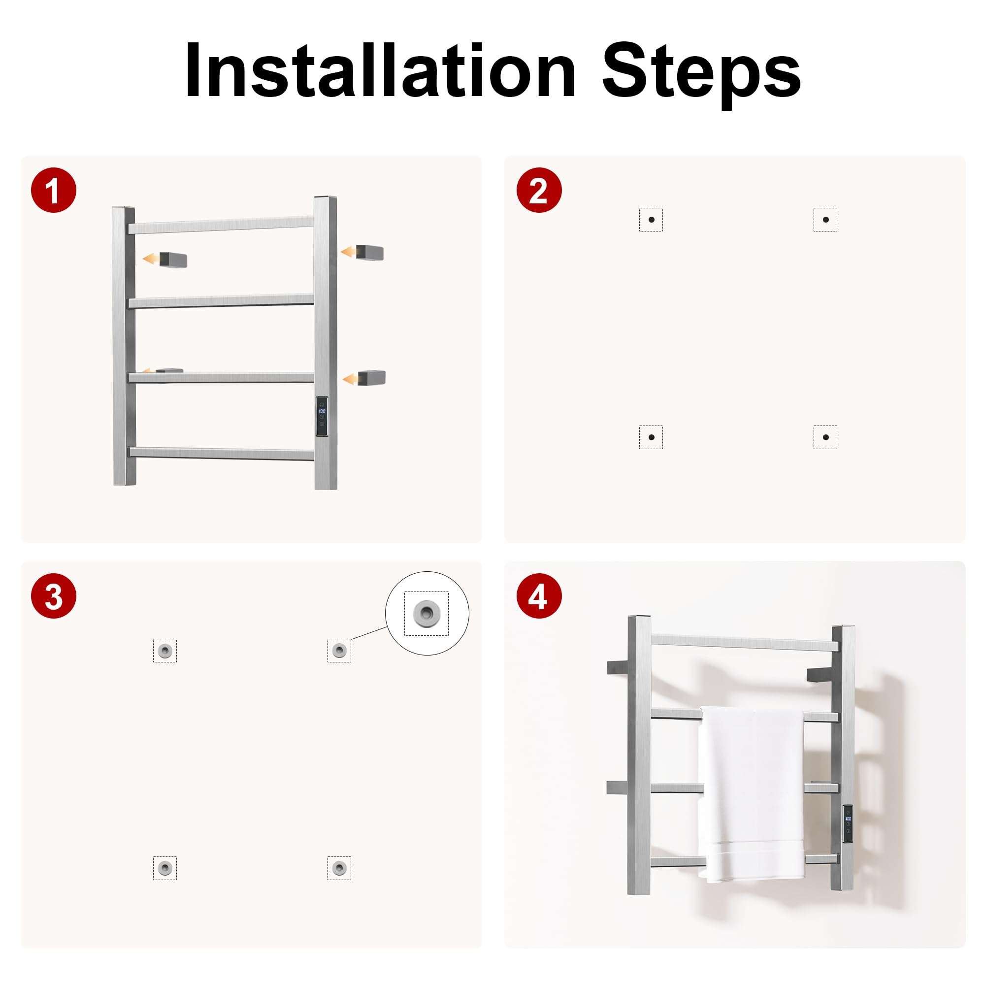 SHARNDY HARNDY Electric Towel Rack with Voice Control for Alexa & Google Home,TUYA - Wall-Mounted Bathroom Heating Towel Warmer,Plug-in,Stainless Steel Material (Square Brushed with Timer, 4 Bar) 3