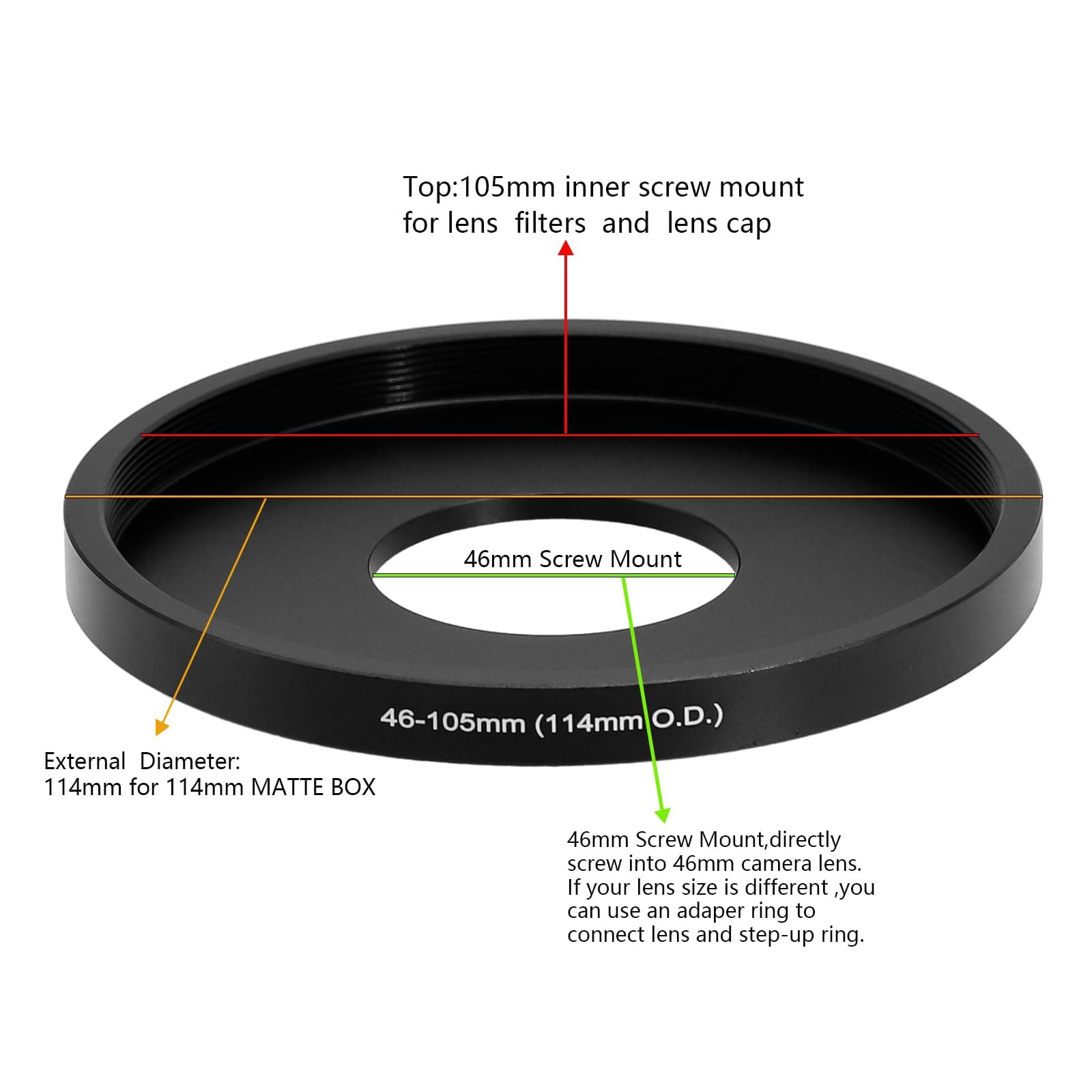 LingoFoto Camera Lens Adapter Ring 46/48/49/52/54/55/58/60/62/67/72/77/82/86/95/105-105mm Step up Ring for 46mm Camera Lens to 114mm OD Matte Box Lens Mount (58-105/114mm) 6