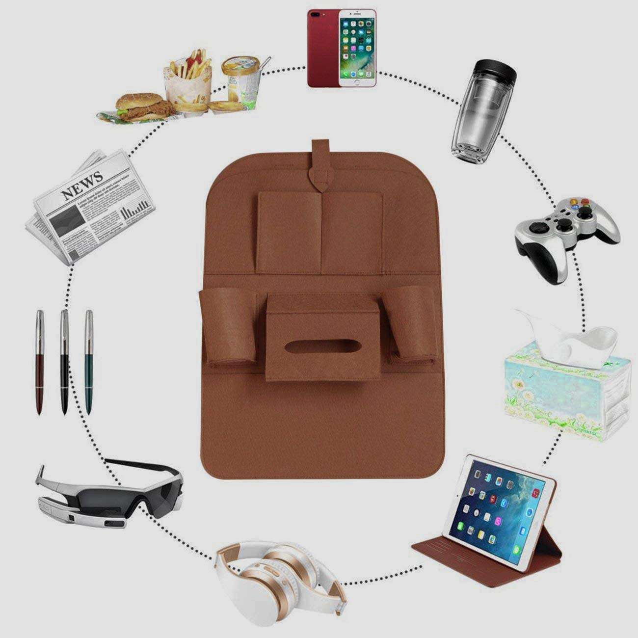 Oshotto Car Backseat Storage Organizer Phone Holder,Multi-Pocket for Bottles, Tissue Boxes,Kids Toy Storage and Great Travel Accessory Compatible with Tata Indigo (Brown) 4