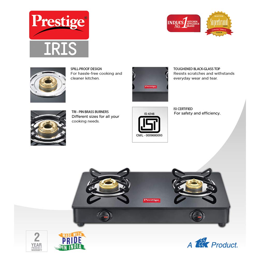 Prestige IRIS LPG Gas Stove, 2 Burner, Black, Powder coater Mild Steel with Glass Top, Manual 5