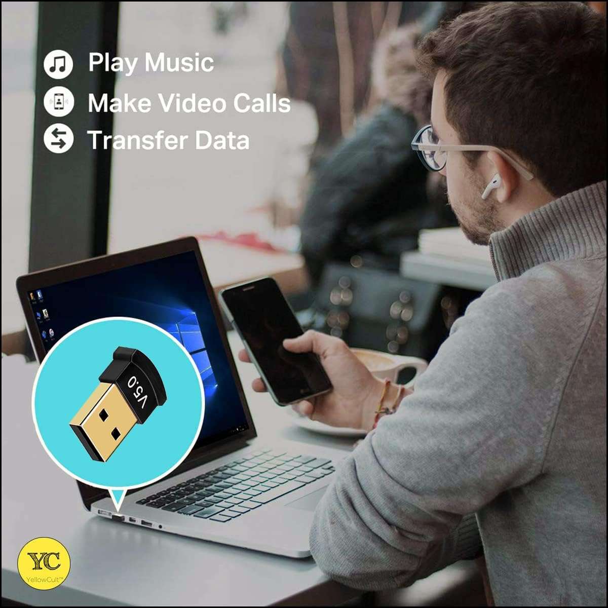 GR Deals USB Bluetooth Adapter for PC, 5.0 Bluetooth Dongle Receiver Supports Windows 11/10/8.1/7 for Desktop, Laptop, Mouse, Keyboard, Printers, Headsets, Speakers. Black. (Pack of 5) 5