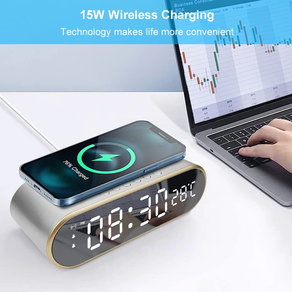 Lipzie Digital Alarm Clock with Wireless Charging, 0-100% Adjustable Brightness Dimmer and Alarm Volume, Weekday/Weekend Mode, Dual Alarm, Snooze, 12/24H, Wood LED Clock for Bedroom 4