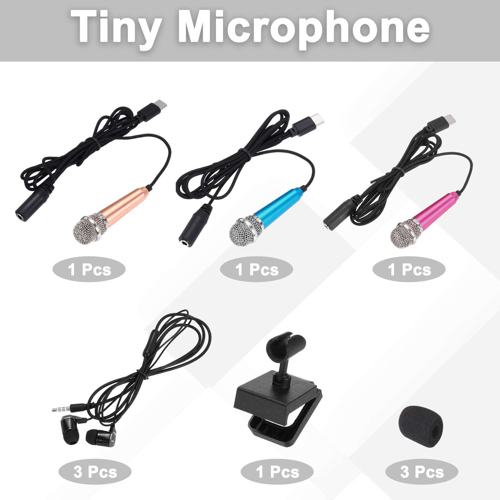 MECCANIXITY 3 Pcs Mini Microphone, Mini Mic Tiny Microphone Phone Type C Mic Small Microphone with Bracket, Sponge Cover, Earphones for Record Phone Voice, Gold/Hot Pink/Blue 4