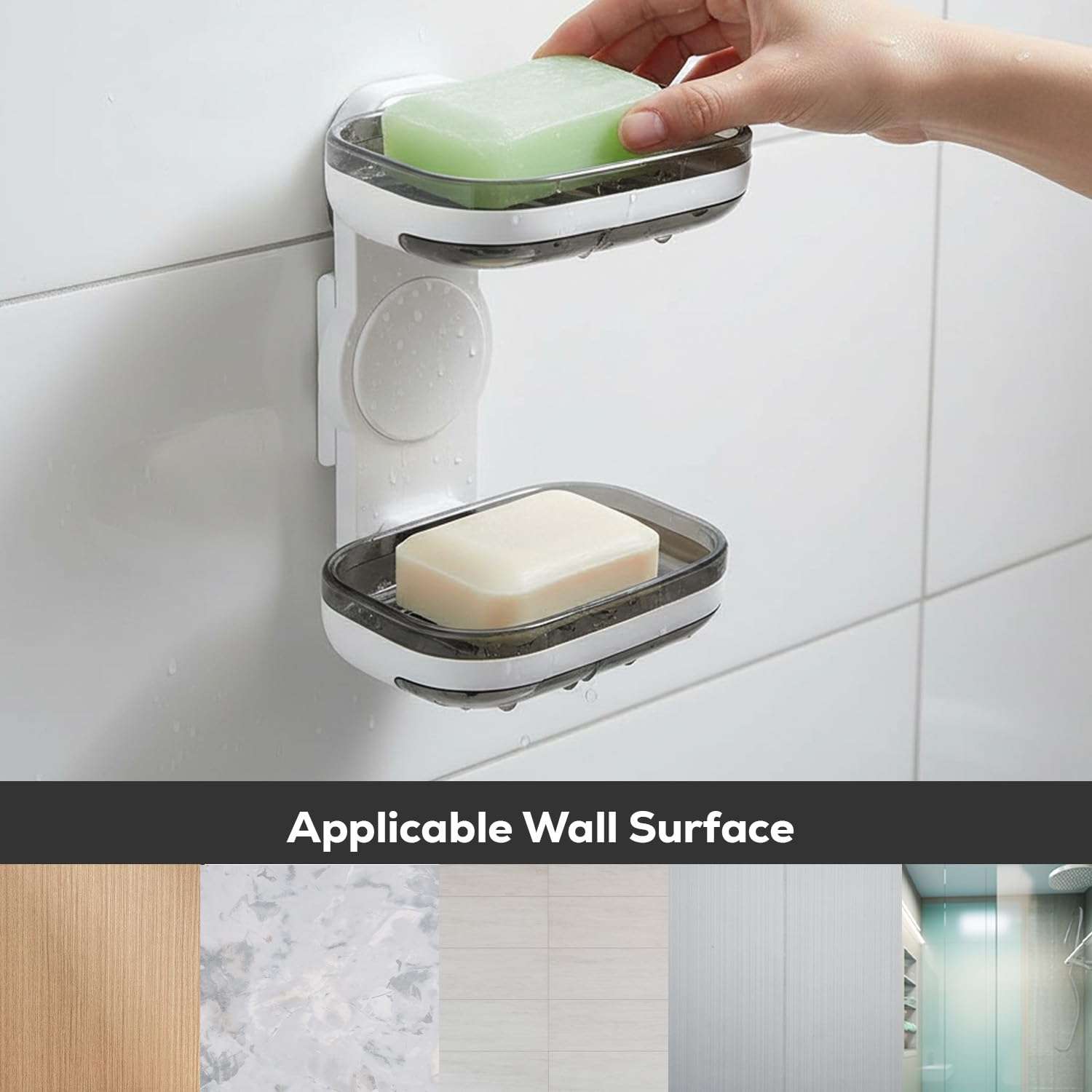 Tyzag Soap Holder for Bathroom, Soap Dish Holder, Soap Stand for Bathroom, Wall Mounted stickable self Adhesive Soap Case for Bathroom (White & Blue, Double Dish) 6