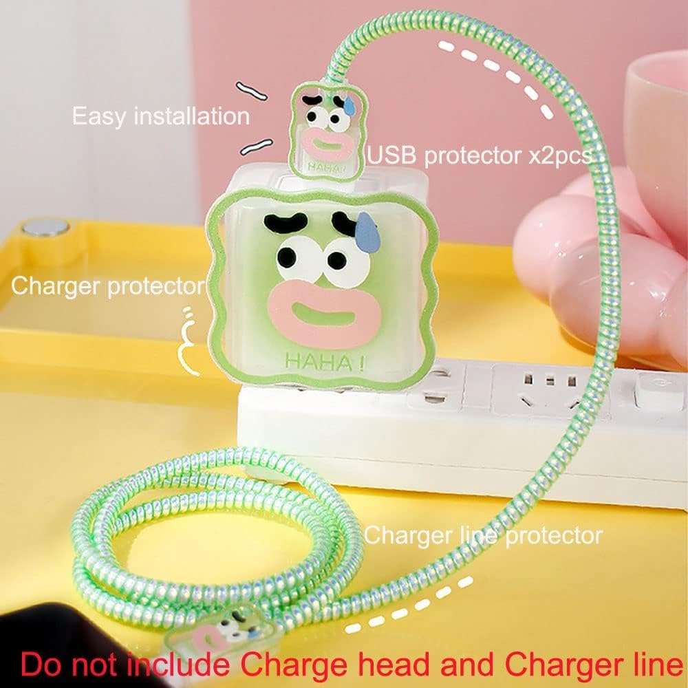 LALAPOPO Cute Wave Cable Protector Compatible for iPhone Charger Adapter with Green Funny Face Design,Data Line USB Cover Wire Cord Saver Lightning Cable Case for iPhone Charger 3