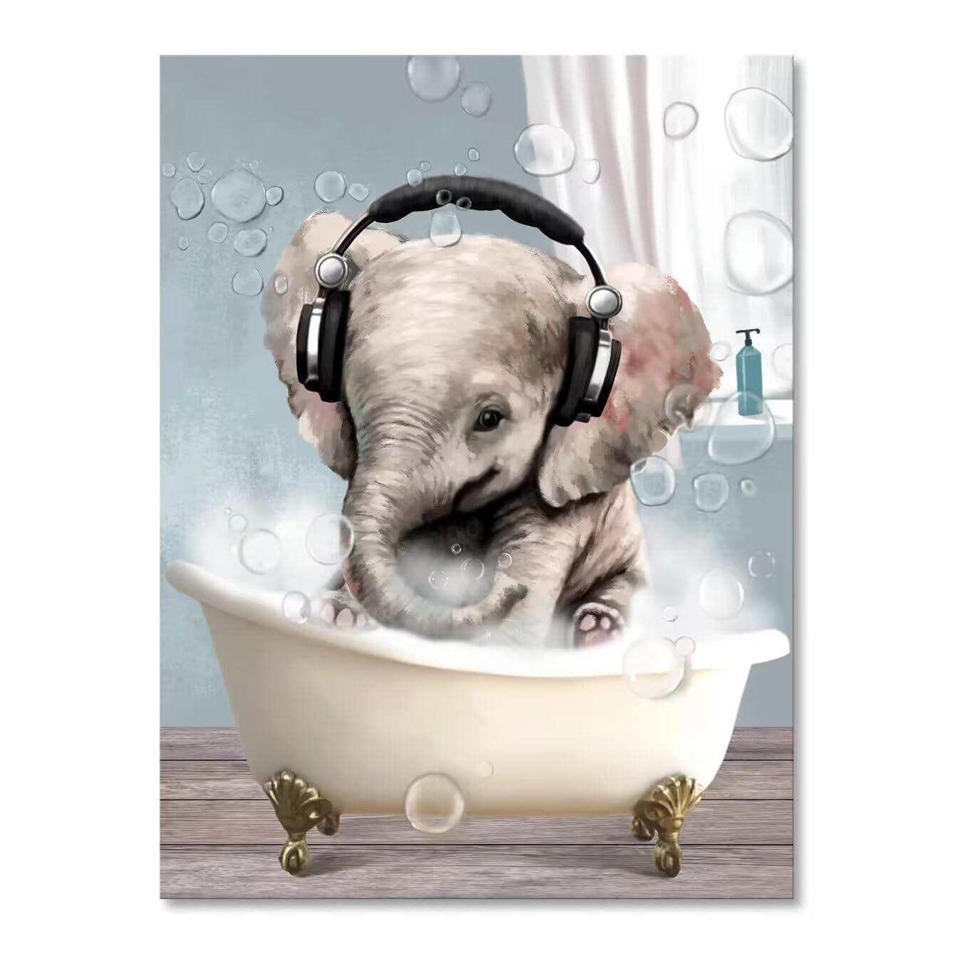 Kids Bathroom Wall Decor Art for Elephant Wall Art Canvas Bathroom Pictures Cute Farmhouse Animal in Bathtub Modern Bath Headphones Music Painting Accessories Home Decor 1