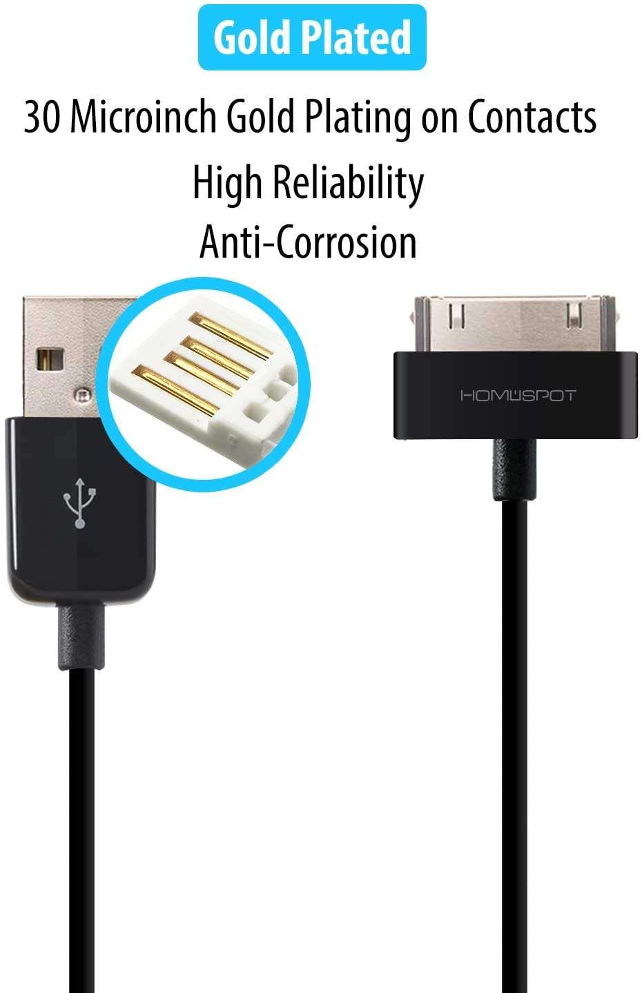 HomeSpot Sync & Charge 30 pin to USB Cable 6.6ft (2M) Extra Long Charging Cable Compatible with iPhone 4, iPhone 4S, iPad 1/2/3, iPod Touch, iPod Nano (1 Pack- Black) 3