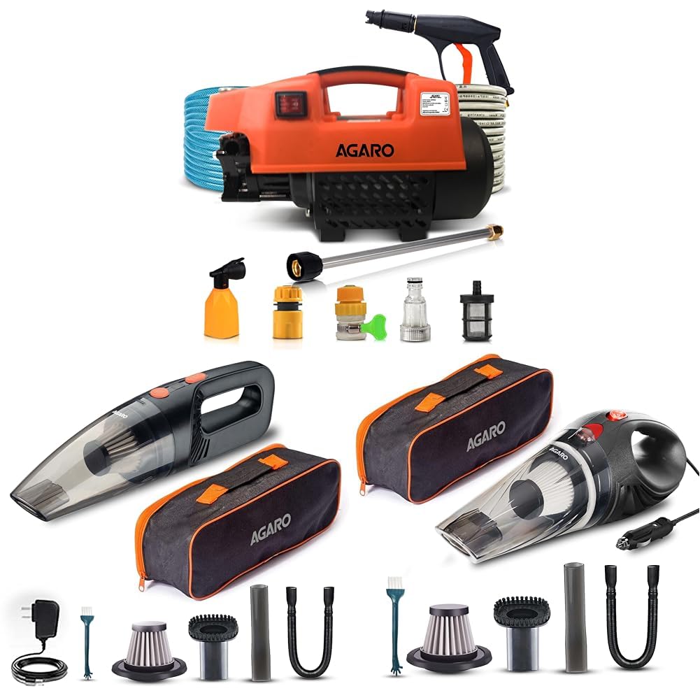 AGARO 1800W High Pressure Washer for Car, Bike, Home & HVC1081 Cordless Car Vacuum Cleaner 110W & CV1077 Handheld Car Vacuum 12V, 14.7ft Cord 1
