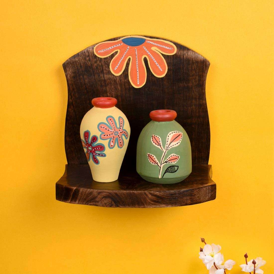 Aakriti Art Creations Wall Decor Wooden Shelf with 2 Pots Madhubani Art? (6.5x5x7) 1