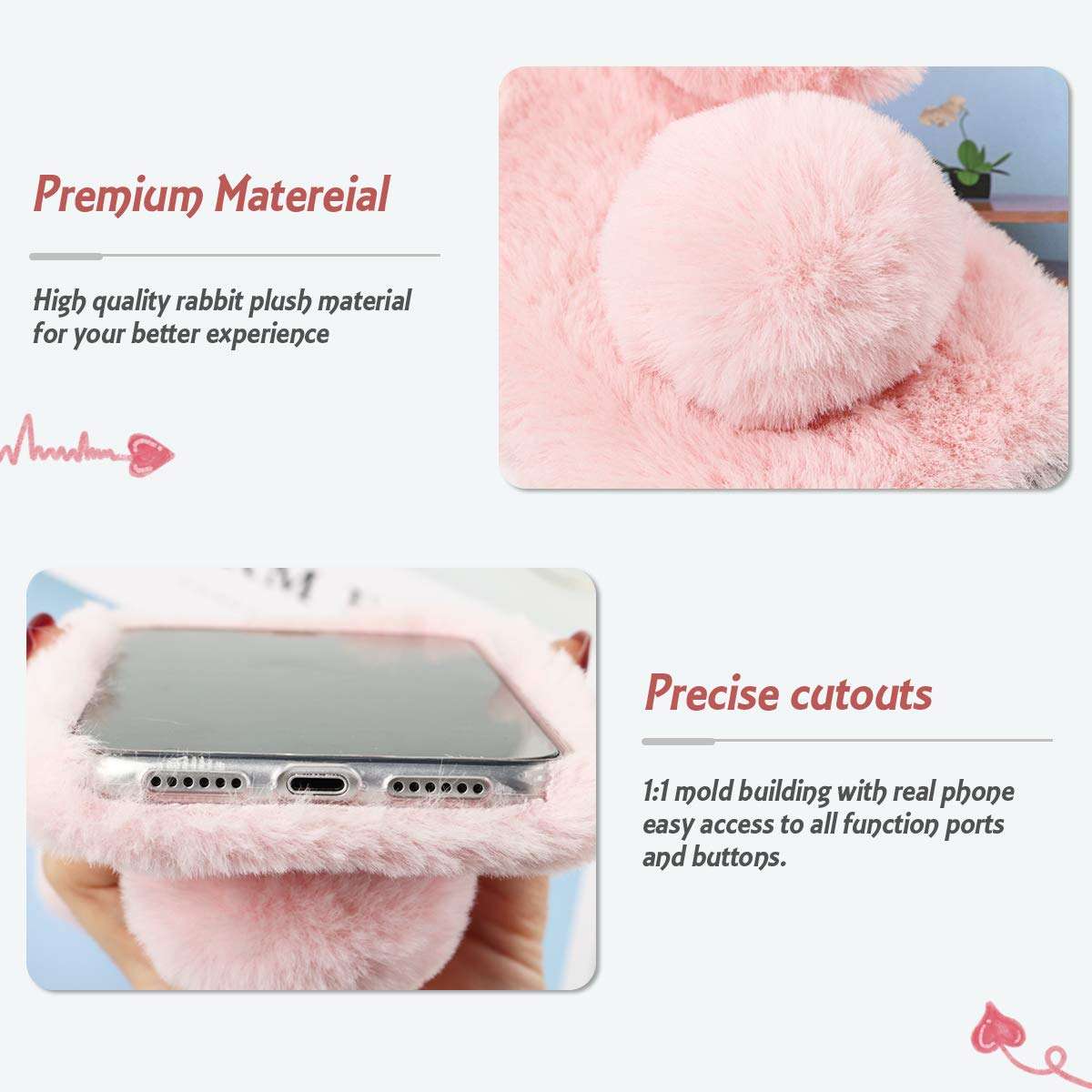 Fluffy Bunny Plush Phone Cover Pink for 11 Pro, Cute Warm Furry Fur Stuff Animal Rabbit Phone Case for Girls, Fashion Woman Protective Cover for 11 Pro 4