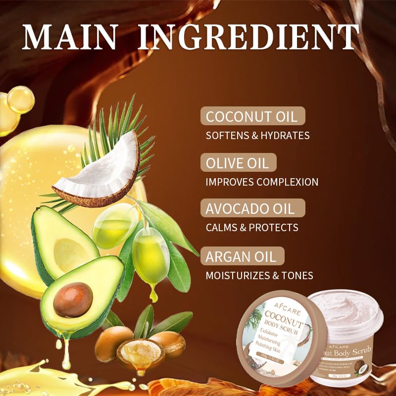 Coconut Body Scrub with Organic Coconut Oil - Deep Moisturizing and Exfoliating Body, Face, Hand, Foot Scrub - Fights Fine Lines, Wrinkles - Great Gifts for Women & Men - for All Skin Types 3.52 Fl Oz 3