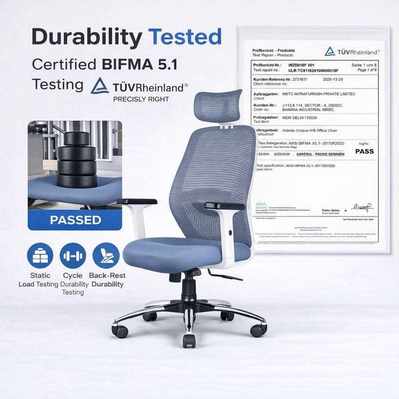 ASTRIDE Octave BIFMA Certified Ergonomic Office Chair for Work | 2D Adjustable Soft Armrest, 2D Headrest & 2D Lumbar Support | Single Tilt Lock Mechanism [Heavy Duty Metal Base, White-Grey] 3