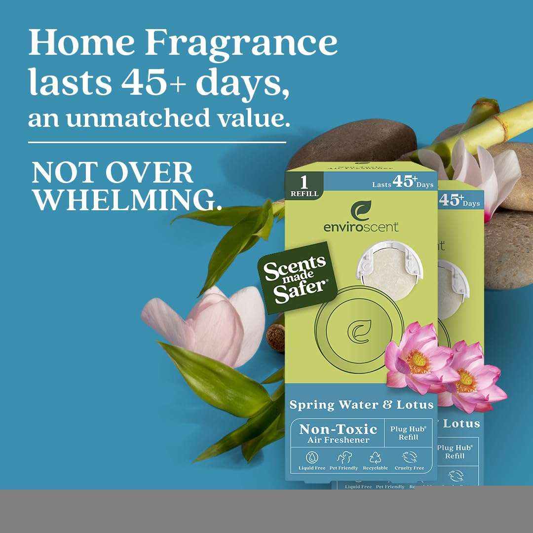 Enviroscent Non-Toxic Air Freshener Refills (Spring Water & Lotus) Plug-in Air Freshener for Home | Essential Oil Plug In Refills | Home Fragrance Last Over 90 Days |2 Liquid Less Scent Pod Refills 5