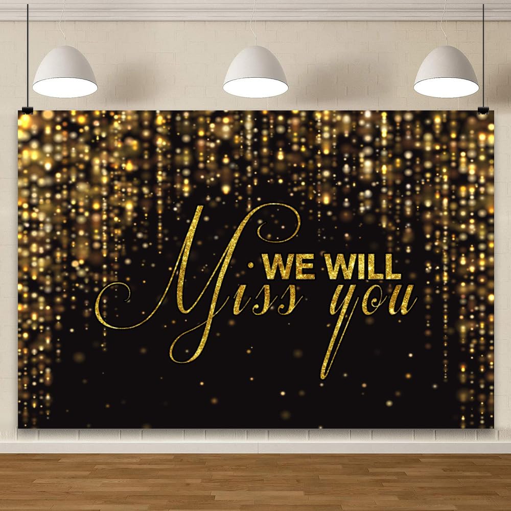 YongFoto Happy Retirement Backdrop 7x5ft We Will Miss You Black Gold Glitter Photography Background Going Away Goodbye Farewell Office Work Congrats Retirement Party Banner Portraits Photo Props 2