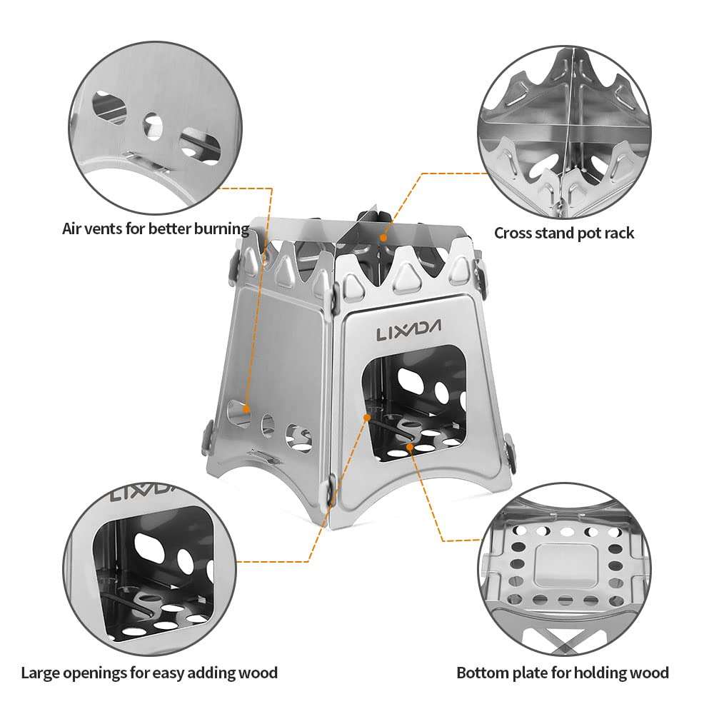 Lixada Camping Wood Stove Folding Lightweight Stainless Steel Wood Burning Stoves Portable Backpacking Stove for Outdoor Camping Hiking Backpacking Picnic Hunting BBQ 2
