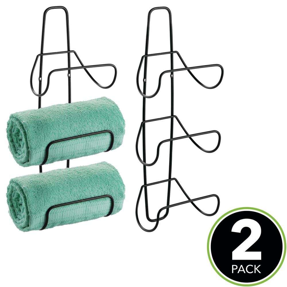 mDesign Metal Wall Mount 3 Level Bathroom Towel Rack Holder & Organizer - for Storage of Washcloths, Hand Towels - Use in Guest, Master, Kid's Bathrooms - 2 Pack - Black 3