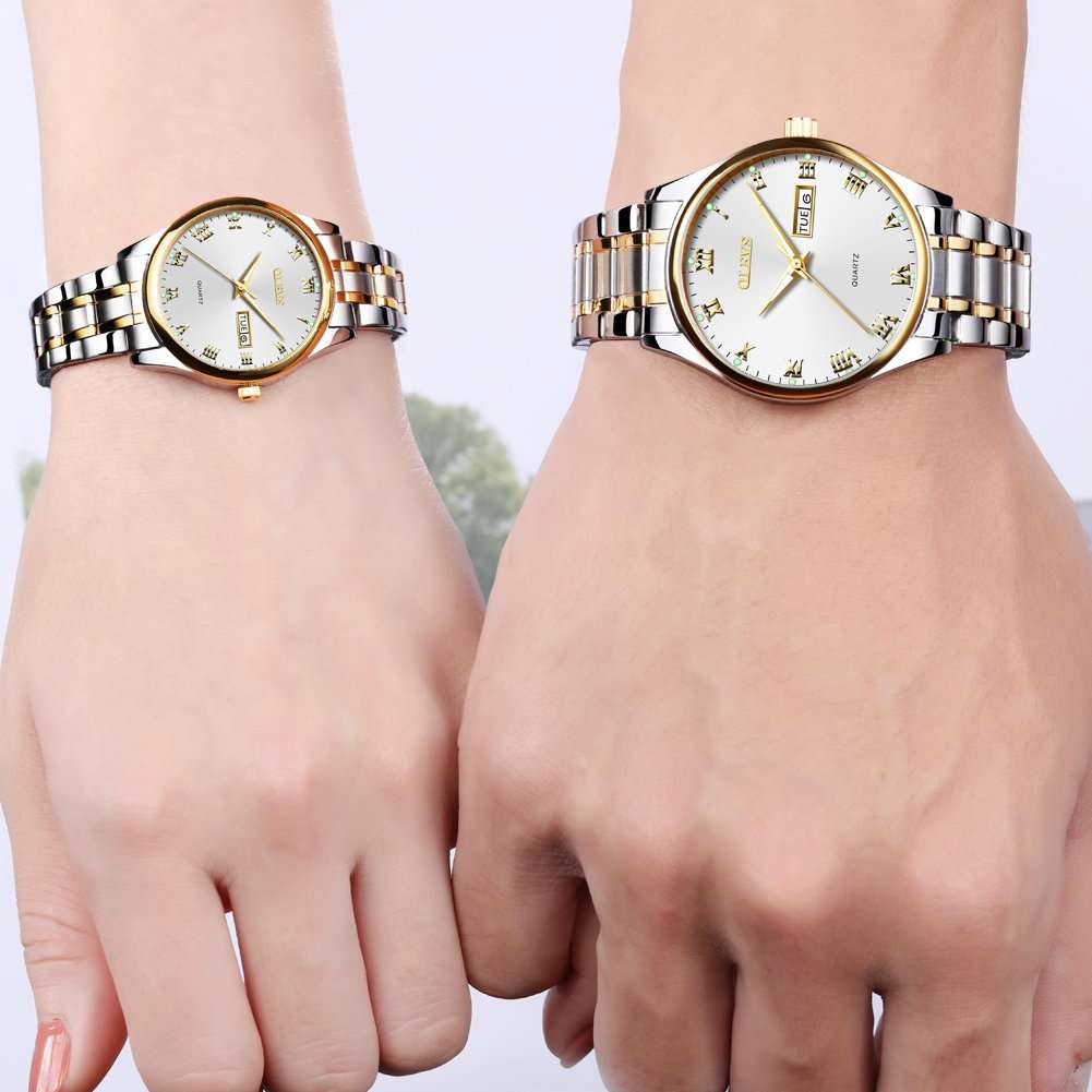 OLEVS Valentines Couples Pair Watches for Men and Women Lovers Romantic Wedding Gifts Set of 2,His and Hers Casual Dress Quartz Day Date Wrist Watch Waterproof Luminous with Stainless Steel Band White 3