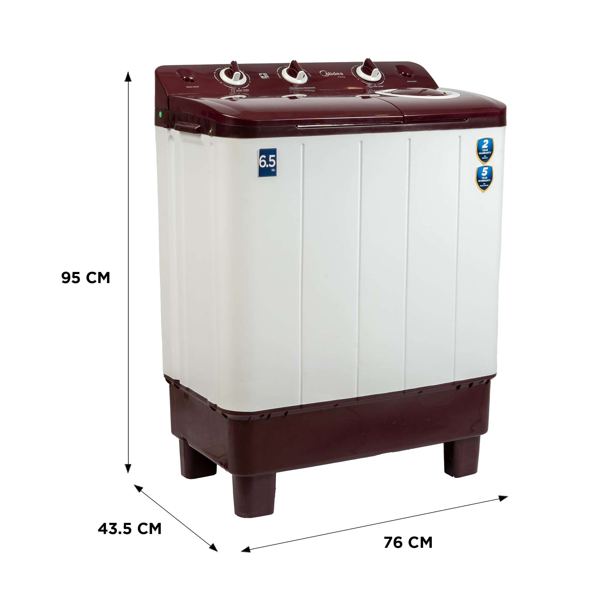 Midea 6.5 KG Semi Automatic Top Loading Washing Machine Appliance, Rust proof Body, Air Dry Function with 1350 RPM (MWMSA065PCH, Maroon White) 6