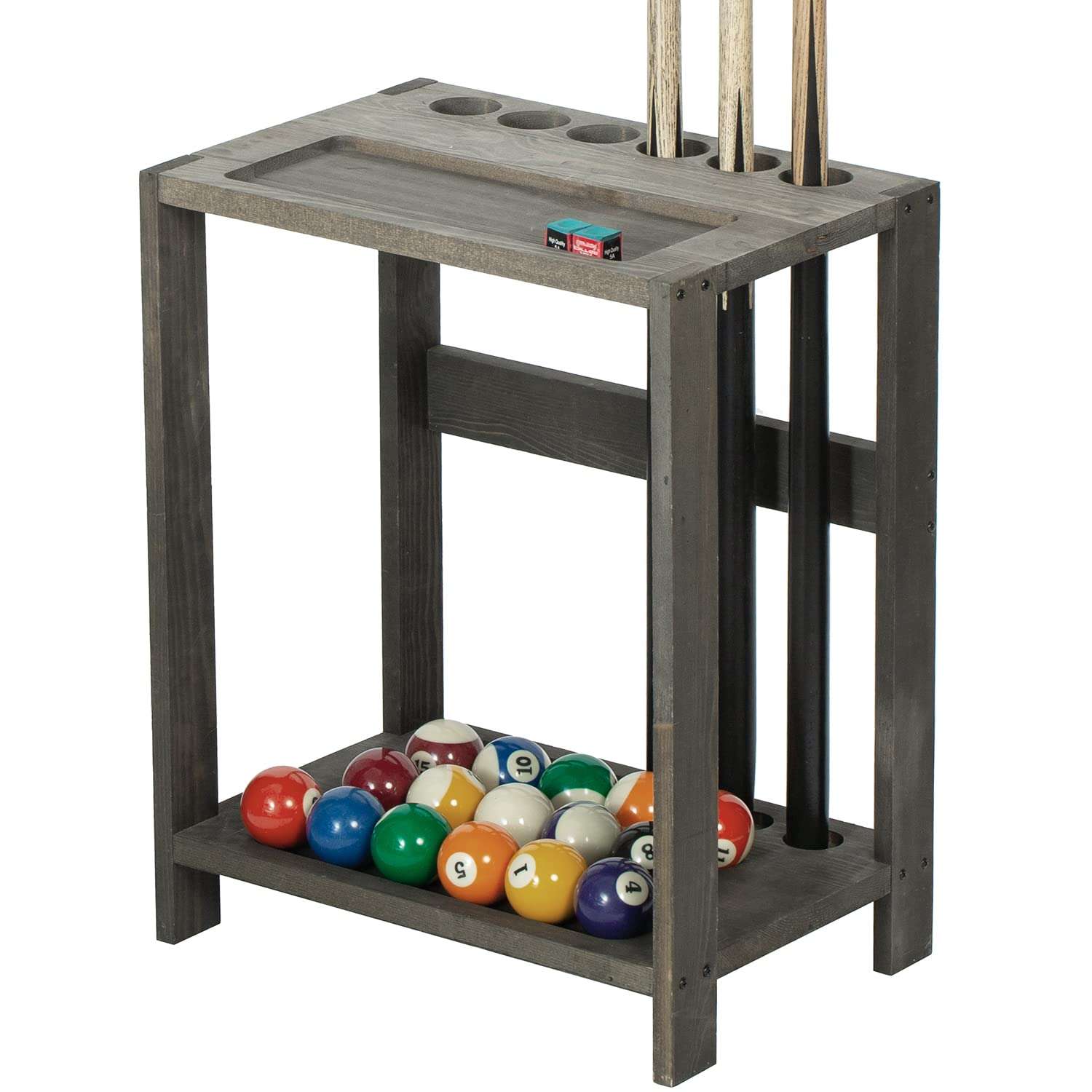 MyGift Vintage Gray Solid Wood Billiards Pool Cue Rack Floor Stand with Ball and Chalk Storage Holder Slots 5