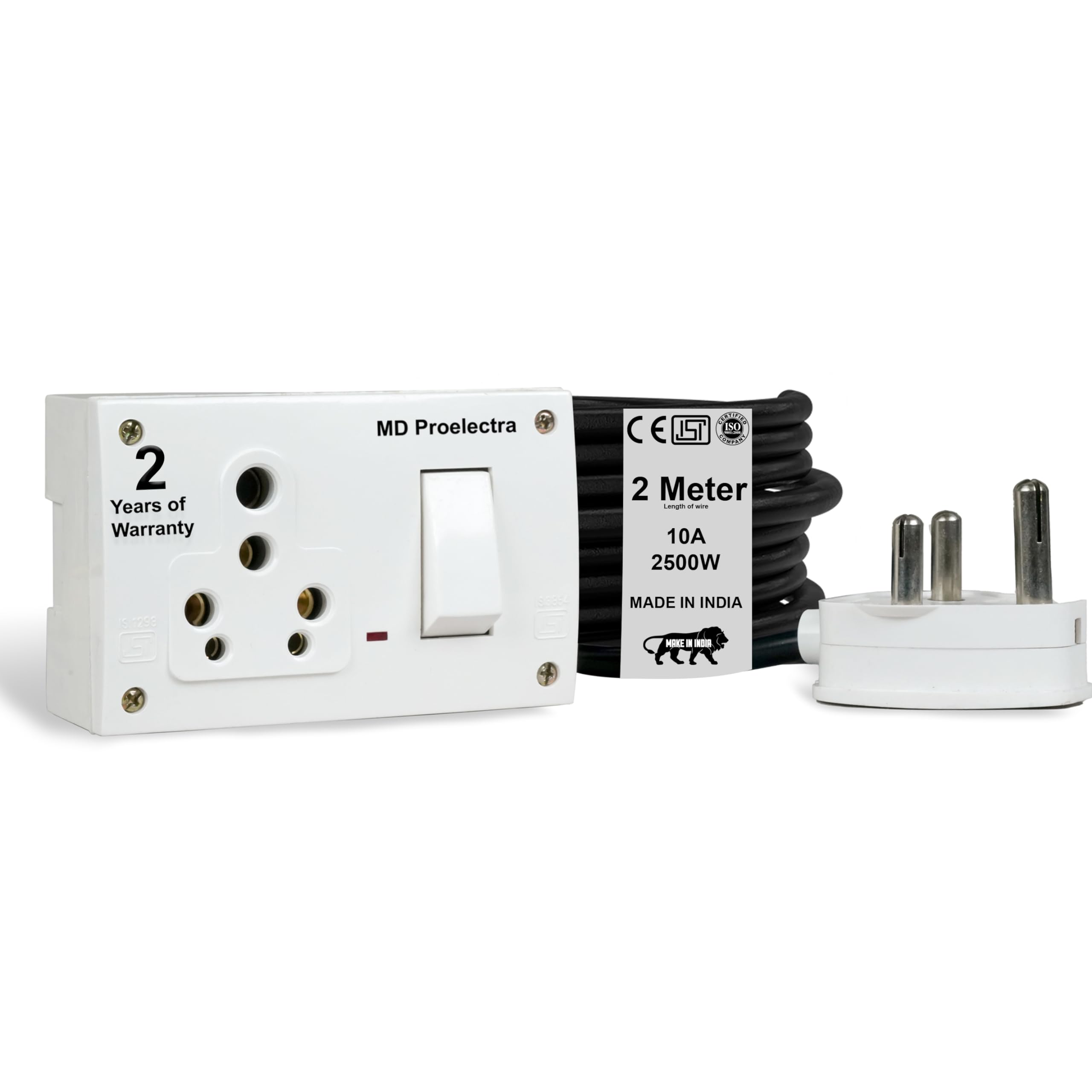 MD Proelectra Advanced Power Saving Extension Board - 2 Meters Heavy Duty Cord, Socket and Switch 2500W 10A, Inbuilt Energy Saver and Surge Protector- Electric Extension Board for Indoor Outdoor Use 1