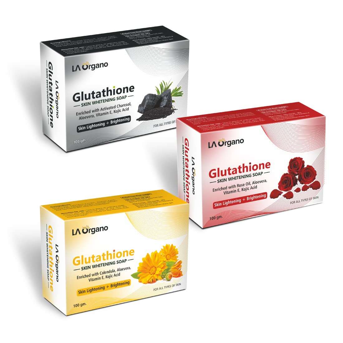 LA Organo Glutathione Charcoal, Rose & Calendula Skin Brightening & Whitening Soap (Pack of 3) 300 g 1